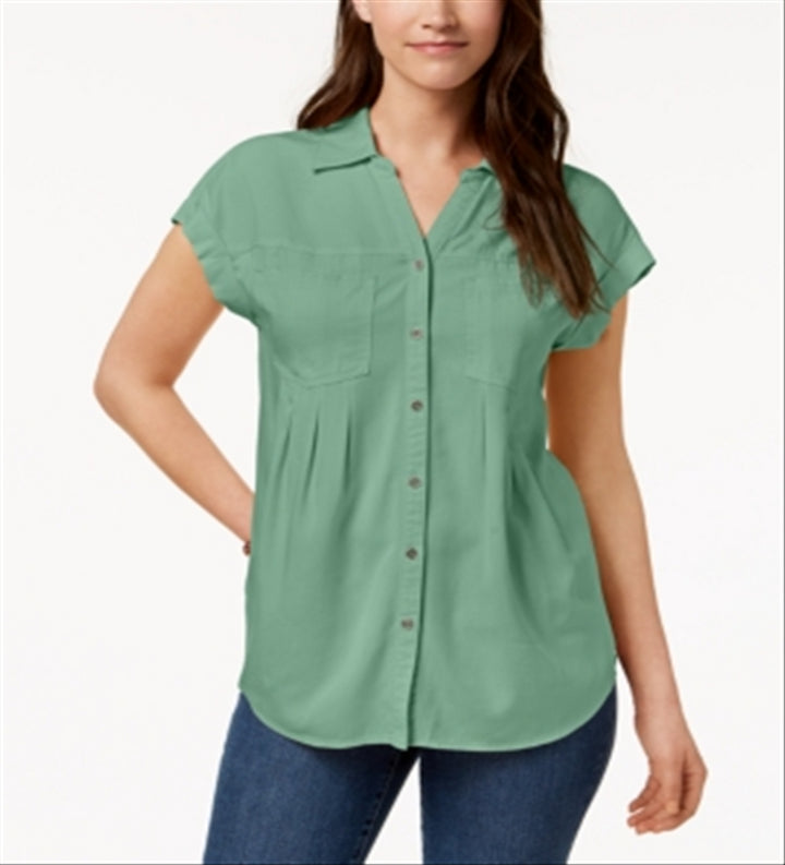 Style & Co Women's Pleated Cuffed Sleeve Top Green Size Large