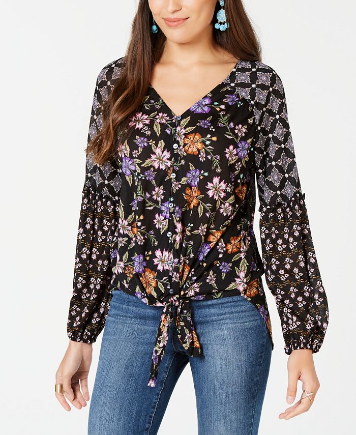 Style & Co Women's Floral Print Blouson Top Black Size Large