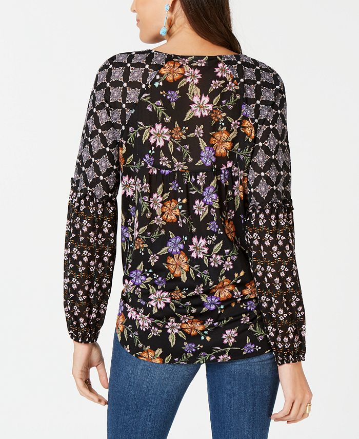 Style & Co Women's Floral Print Blouson Top Black Size Large