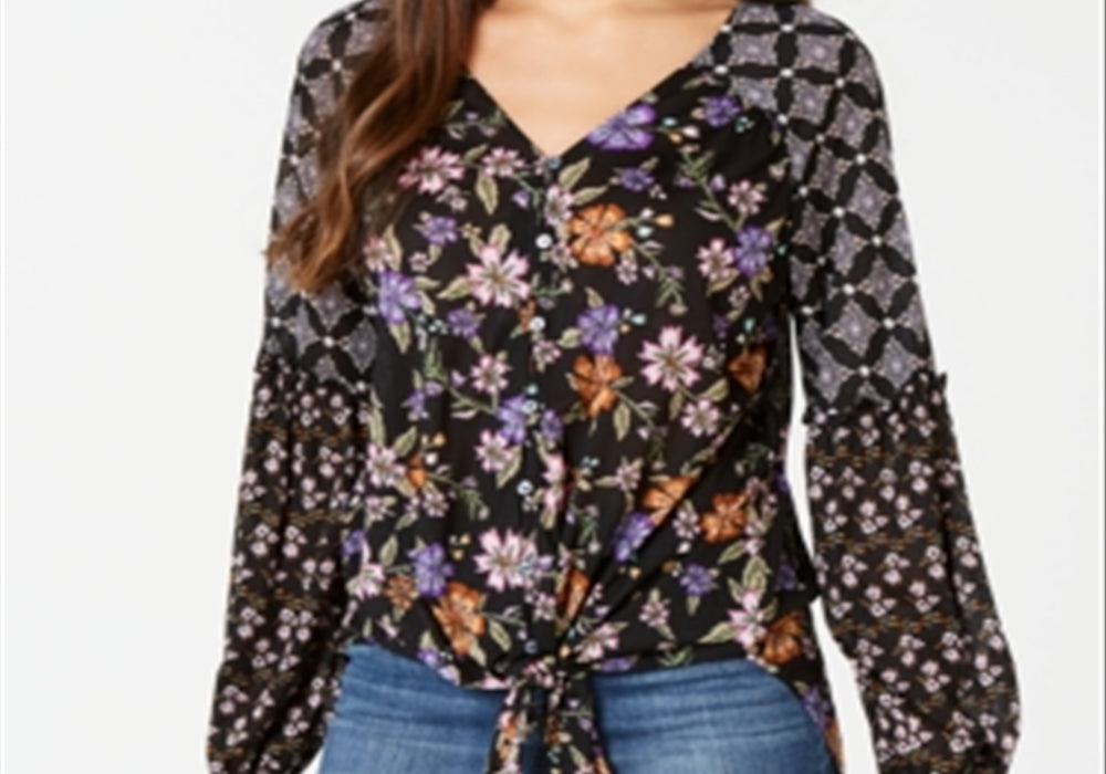 Style & Co Women's Floral Print Blouson Top Black Size Large