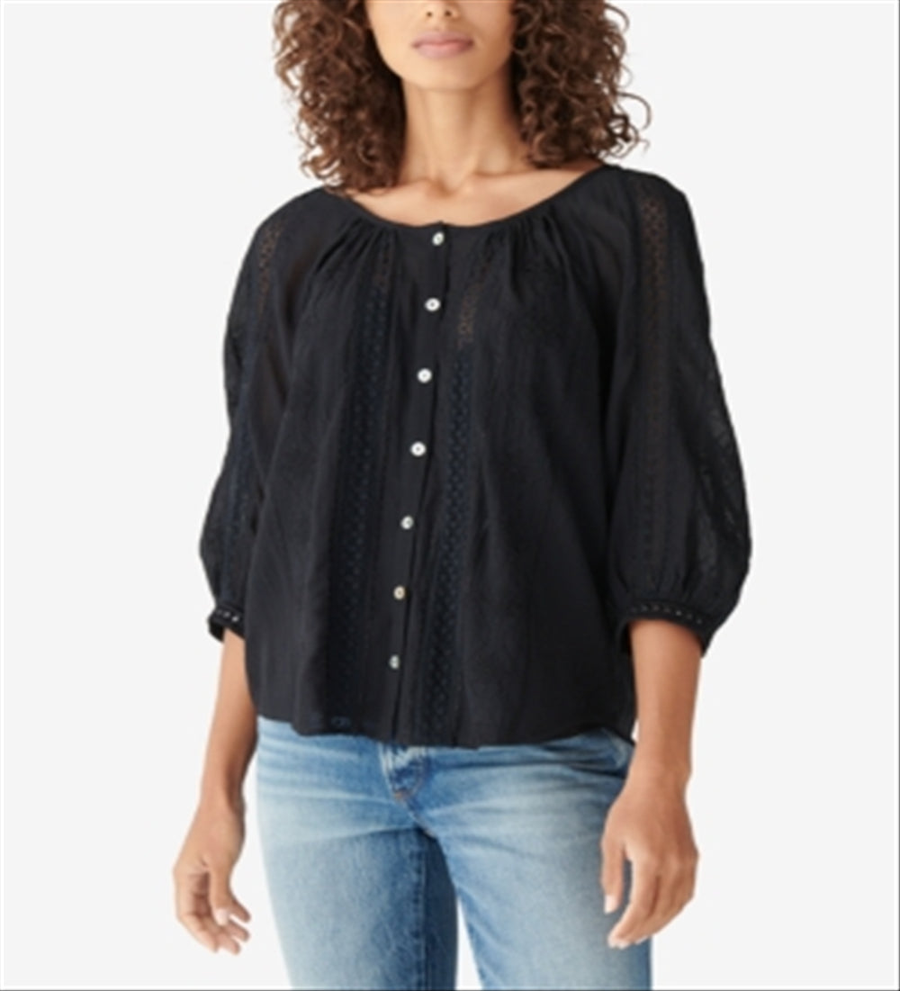 Lucky Brand Women's Lace Inset Embroidered Blouse Black Size M