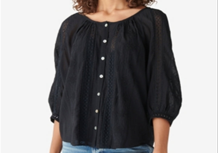 Lucky Brand Women's Lace Inset Embroidered Blouse Black Size M