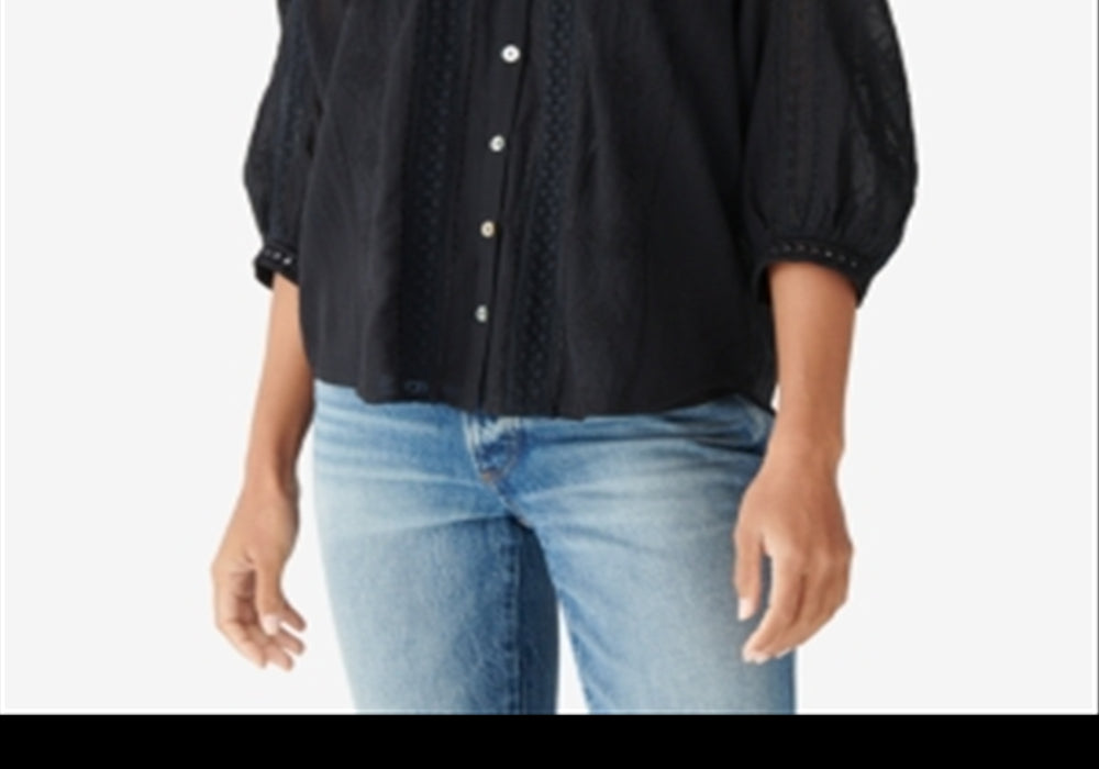 Lucky Brand Women's Lace Inset Embroidered Blouse Black Size M