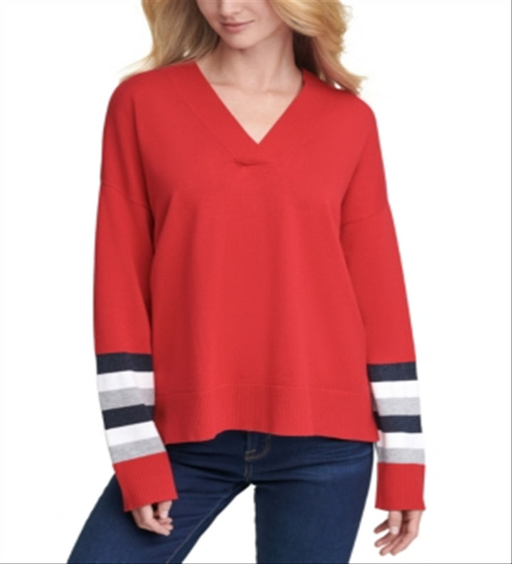 Tommy Hilfiger Striped-Sleeve Sweater Red Size M