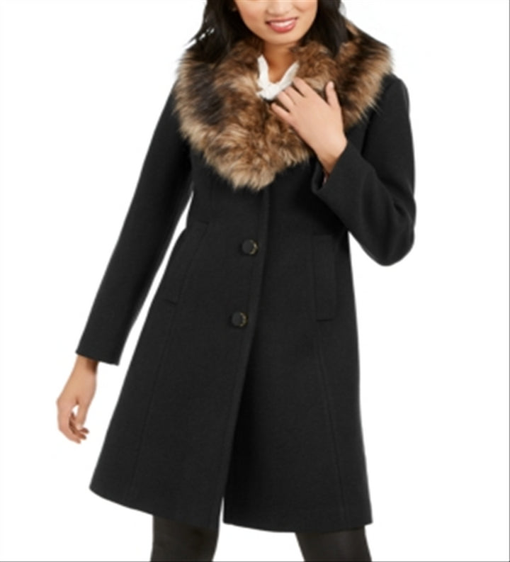 Kate Spade New York Faux-Fur-Trim Coat Black Size S