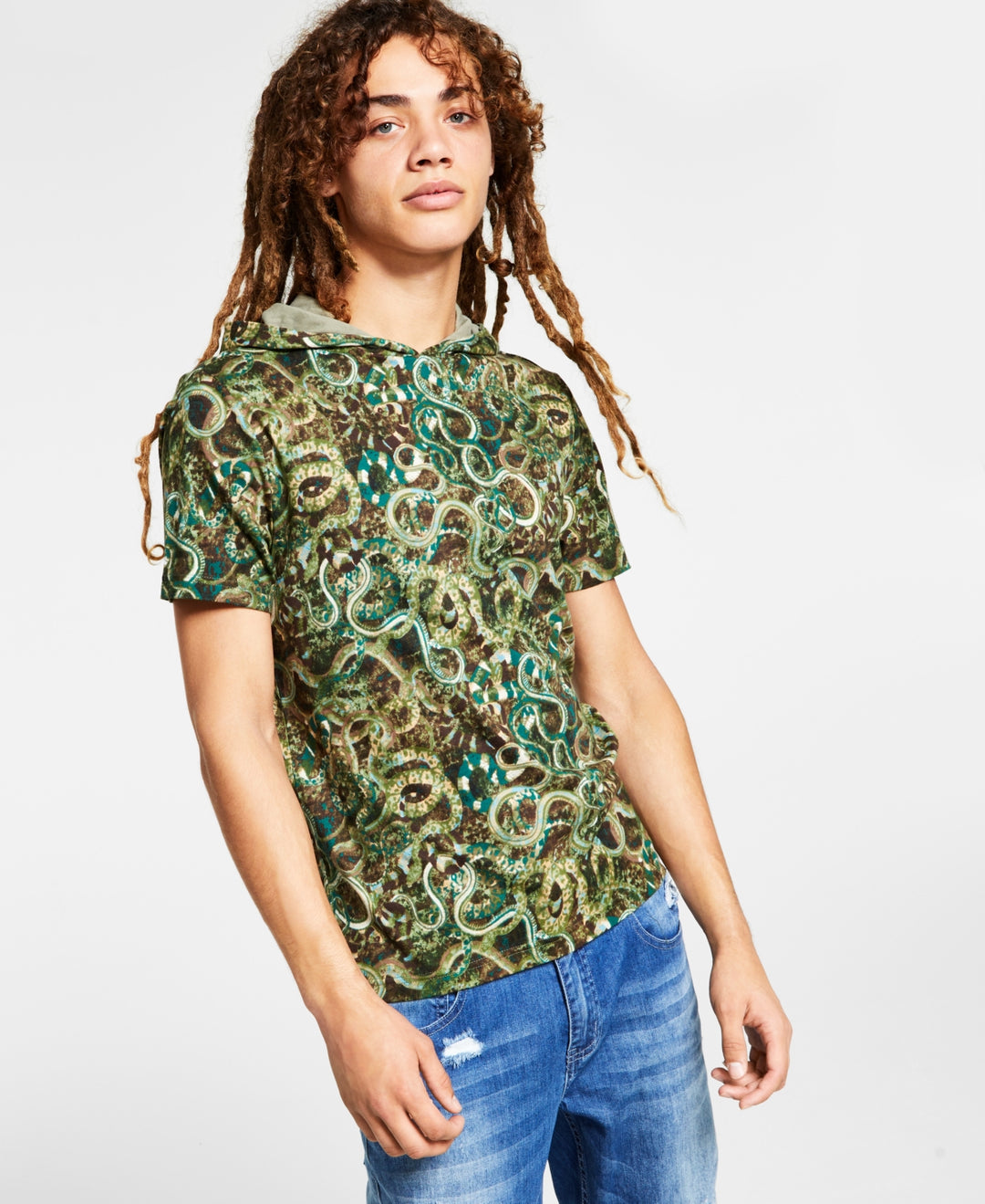 INC Mens Snake Hooded Print T-Shirt Green Size XS