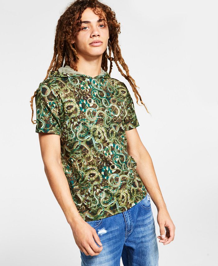 INC Mens Snake Hooded Print T-Shirt Green Size TBD