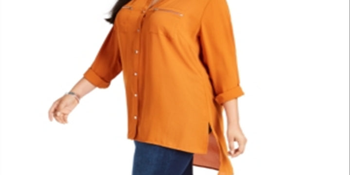 NY Collection Women's Y Neck High Low Blouse Orange Size 2X