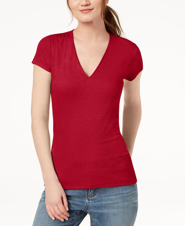 Inc International Concepts Ribbed V-Neck Top Red Size L