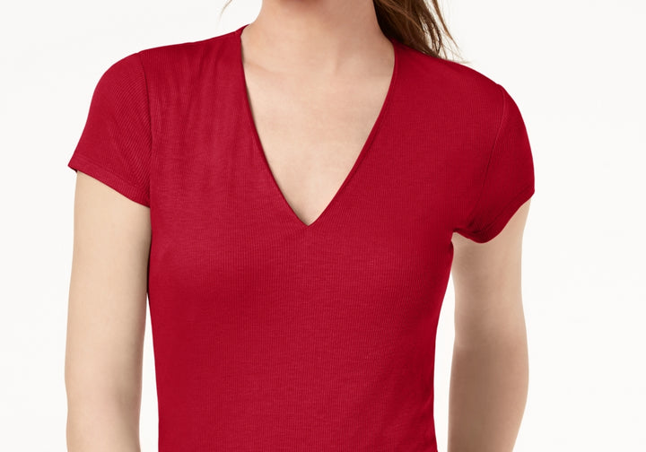 Inc International Concepts Ribbed V-Neck Top Red Size L