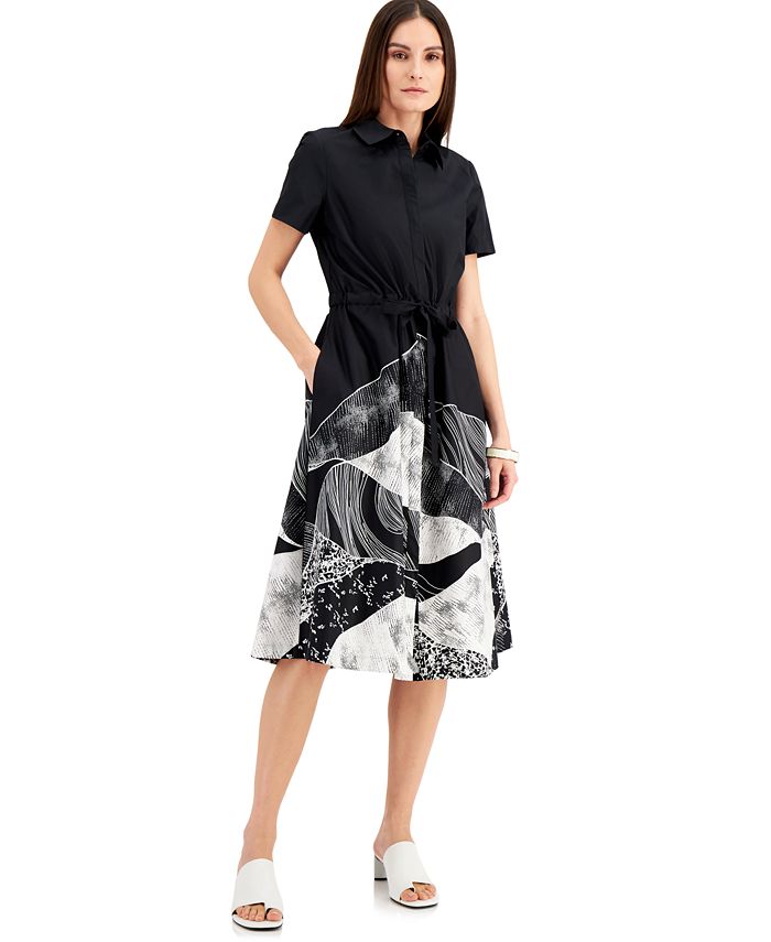 Alfani Women's Payton Printed Short-Sleeve Midi Shirt Dress Black Size XS