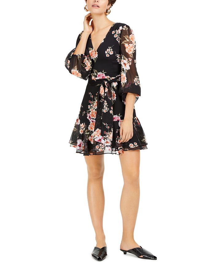 Bar III Women's Floral Print Blouson Sleeve Fit & Flare Dress Black Size X-Large