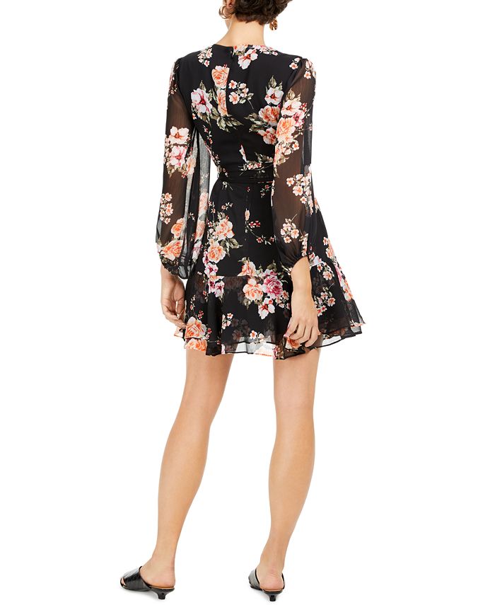 Bar III Women's Floral Print Blouson Sleeve Fit & Flare Dress Black Size X-Large