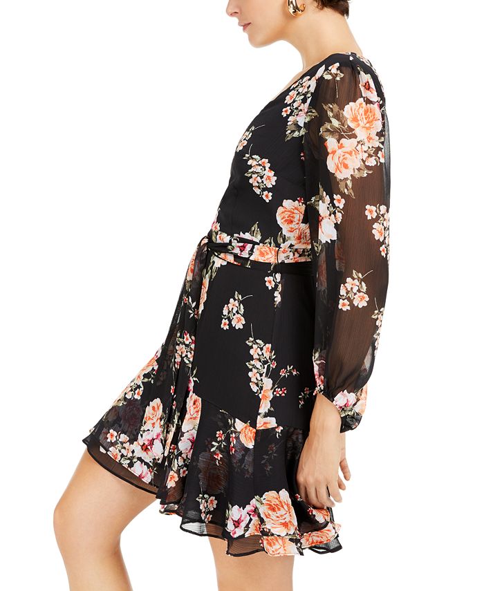 Bar III Women's Floral Print Blouson Sleeve Fit & Flare Dress Black Size X-Large