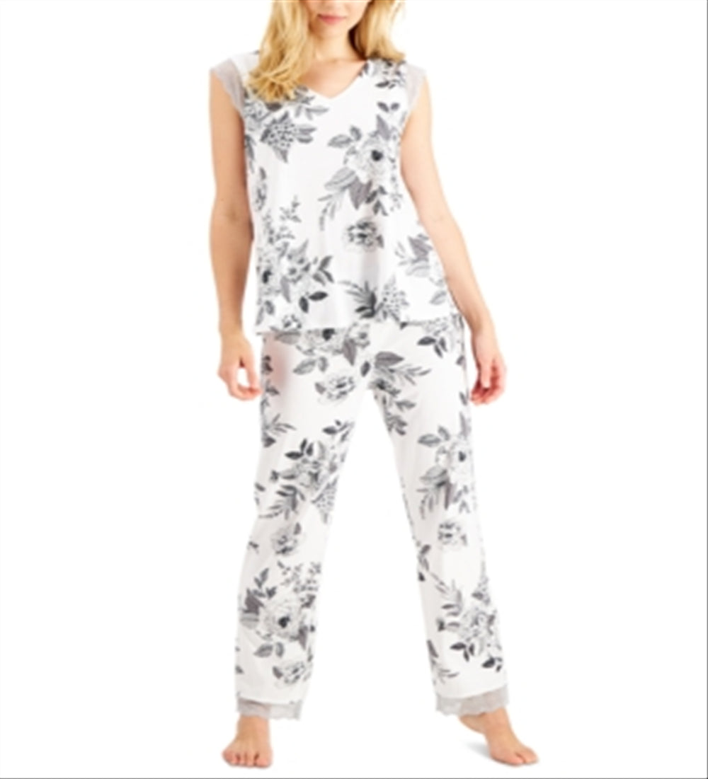 Charter Club Women's Printed Lace Trim Pajamas Set  White Size X-Large