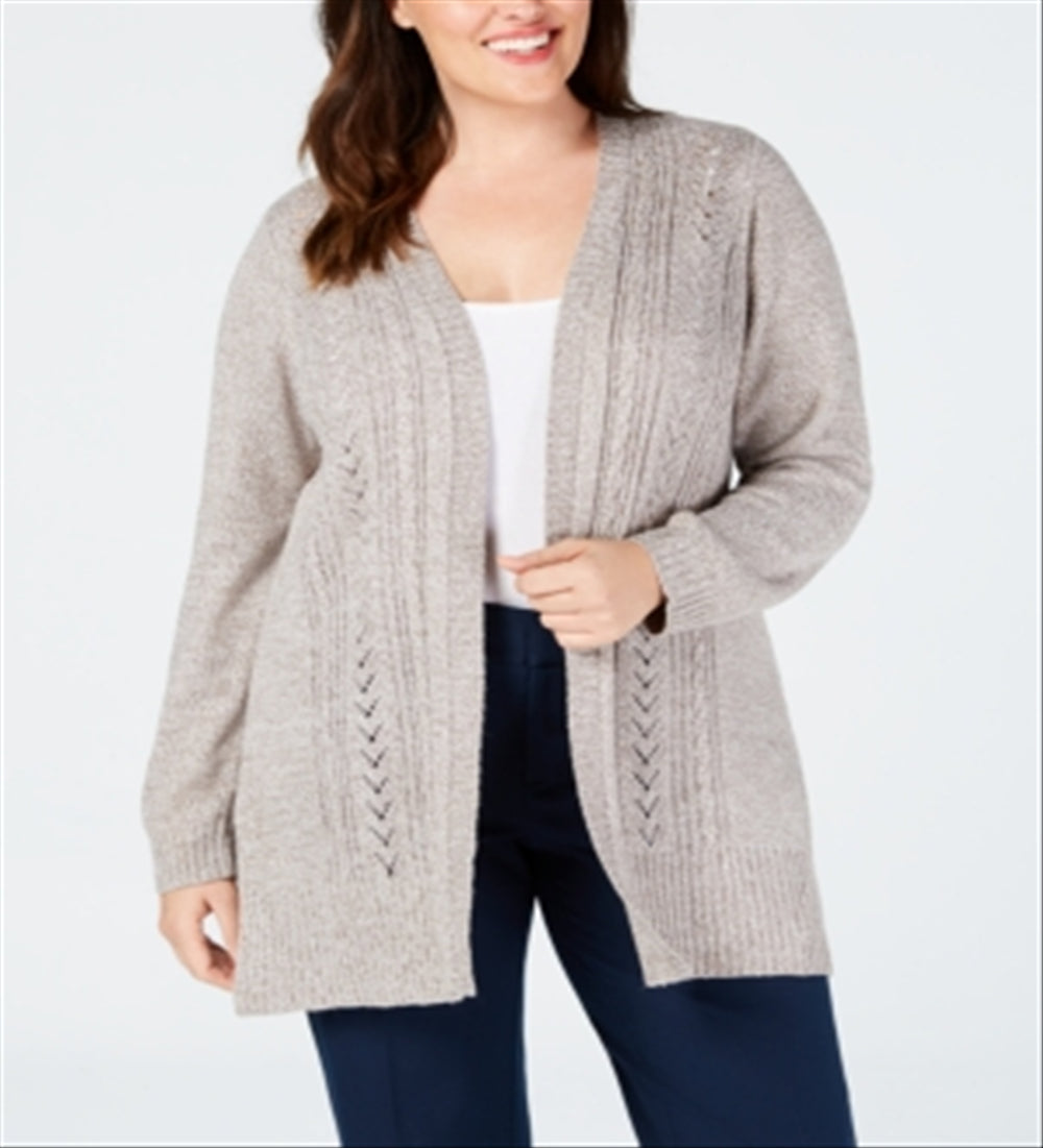 Karen Scott Women's Pointelle Open Front Cardigan Beige Size 4X