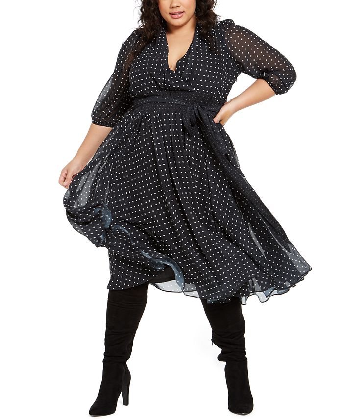 NY Collection Women's Dot Print Belted Dress Black Size 2X