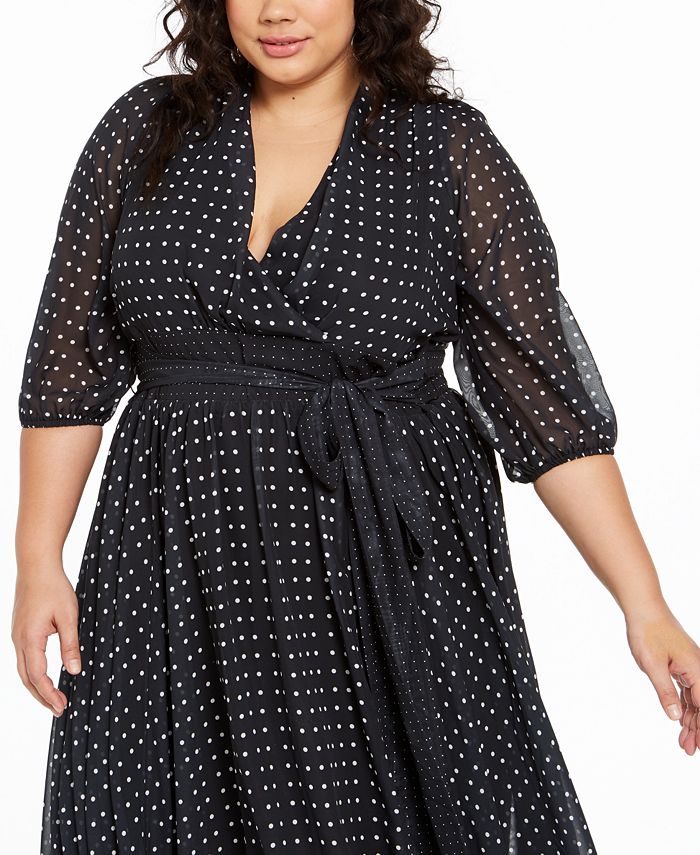 NY Collection Women's Dot Print Belted Dress Black Size 2X