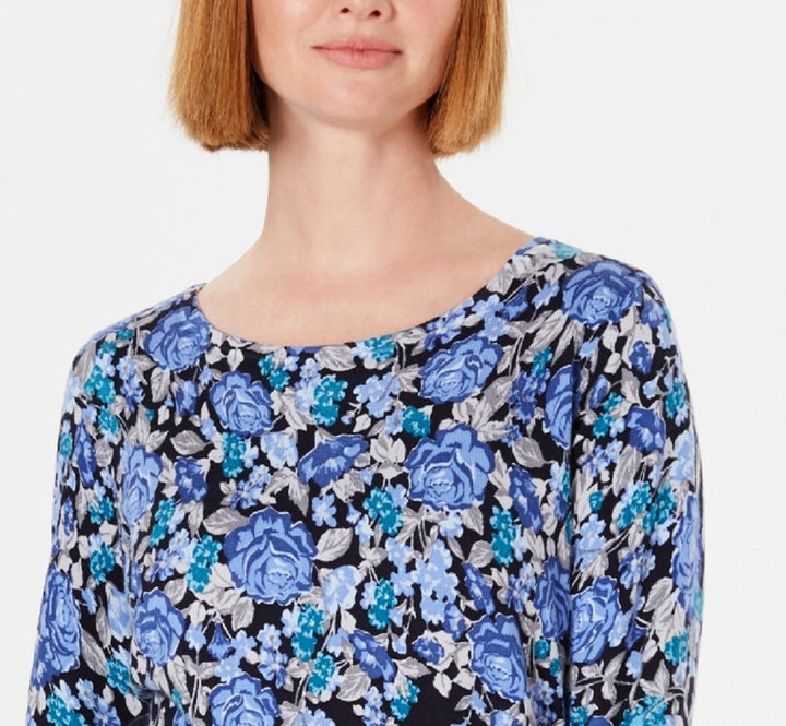 Karen Scott Women's Floral Print Sweater Blue