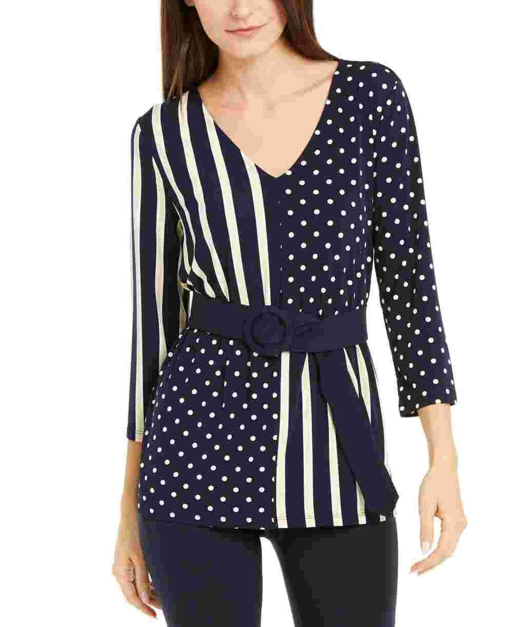 Alfani Women's Patterned 3/4 Sleeve V Neck Wear To Work Top Blue Size Medium