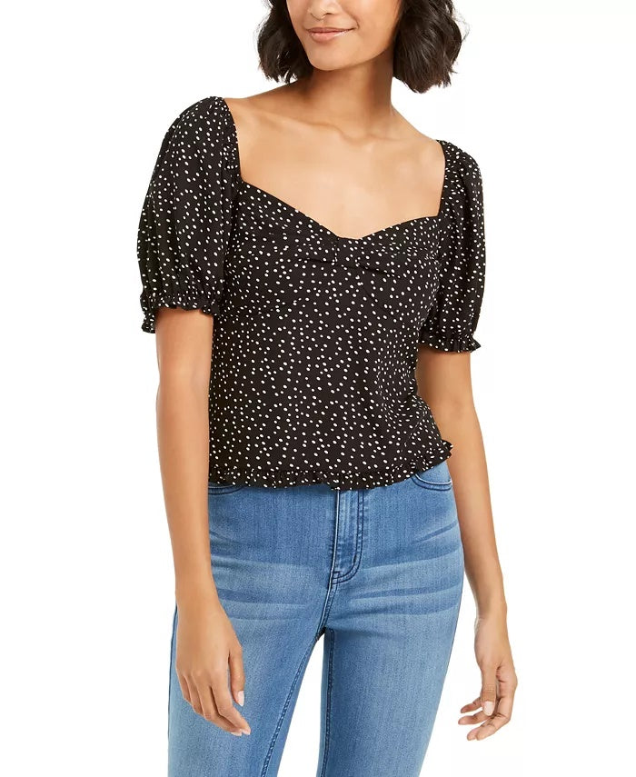 Ash & Violet Women's Polka Dot Knot Front Pouf Sleeve Top Black Size X-Large