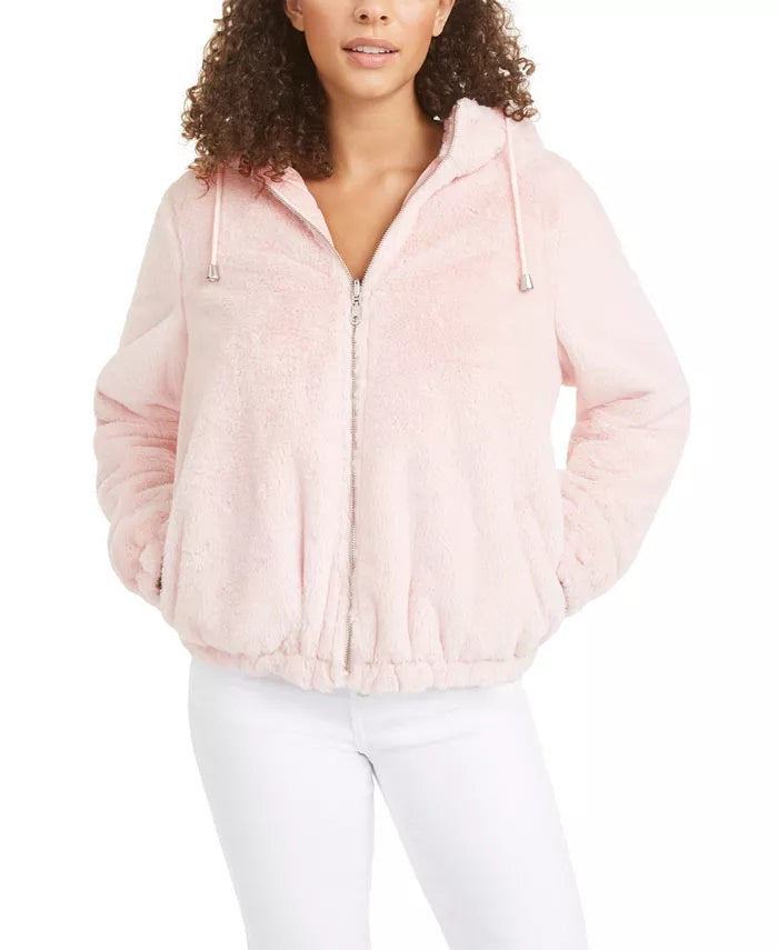 Maralyn & Me Juniors' Reversible Cropped Hooded Faux-Faux Coat Pink Size Large