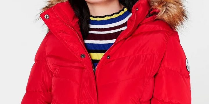 Madden Girl Junior's Hooded Faux Fur Trim Puffer Coat Green Size Small