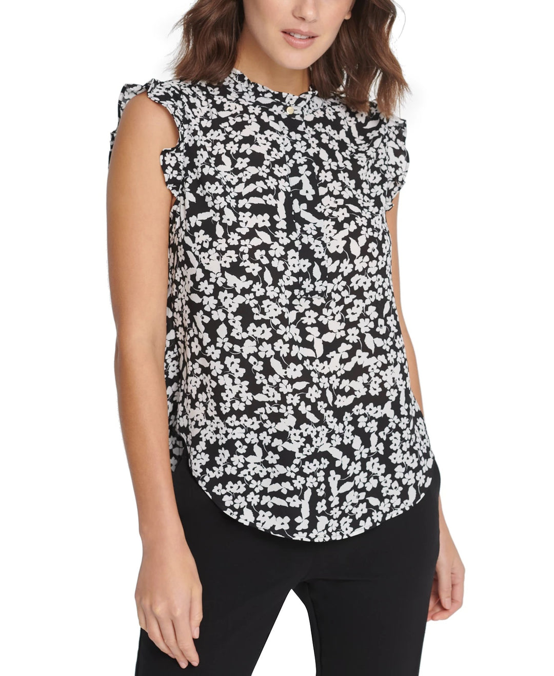 DKNY Women's Floral Print Sleeveless Ruffle Top Charcoal Size Large