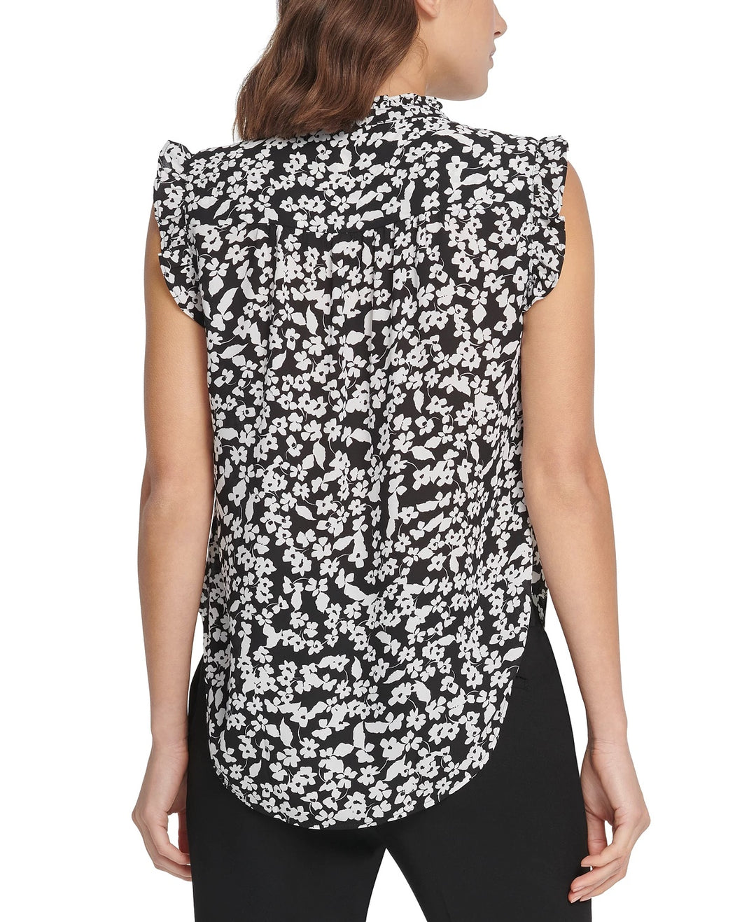 DKNY Women's Floral Print Sleeveless Ruffle Top Charcoal Size Large