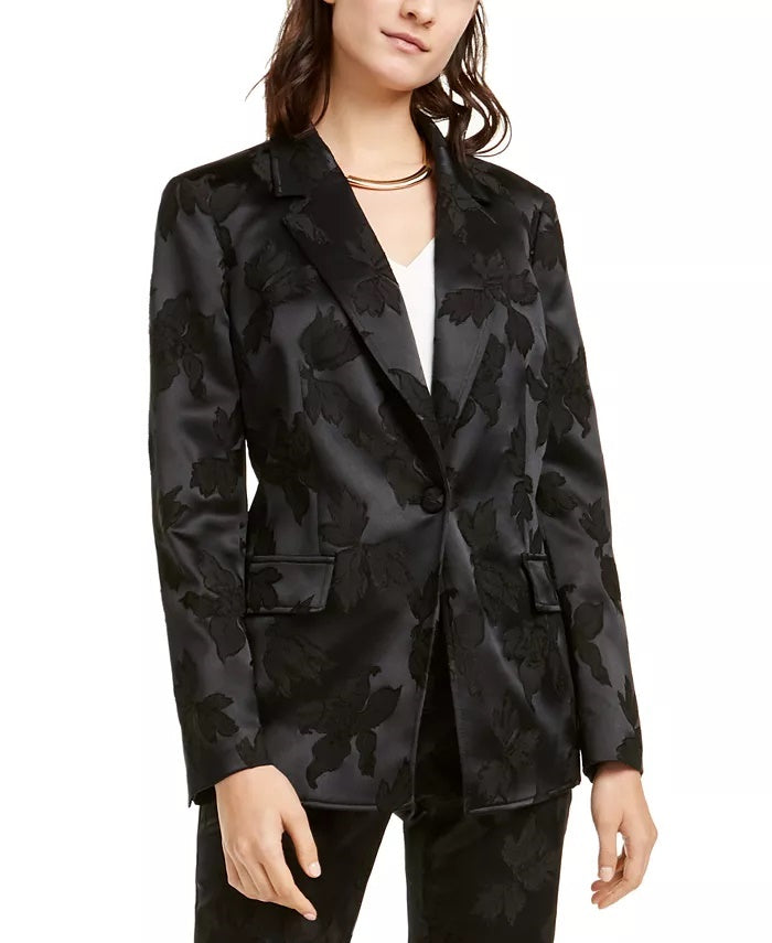 Alfani Women's Floral Jacquard Blazer Satin Black Size X-Large