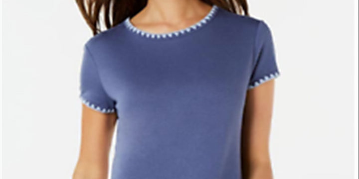 Ideology Women's Blanket Stitch Drop Hem T-Shirt Blue