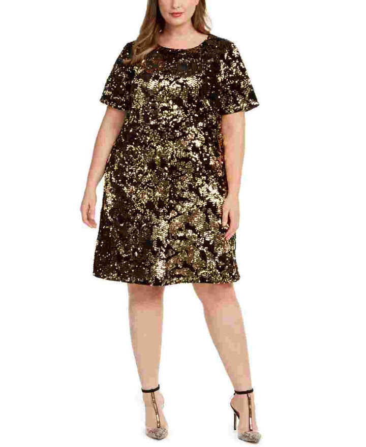 INC International Concepts Women's Plus Size Two-Tone Sequin Dress Gold Size 1X