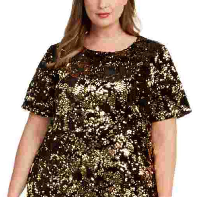 INC International Concepts Women's Plus Size Two-Tone Sequin Dress Gold Size 1X