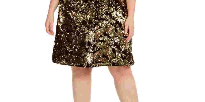 INC International Concepts Women's Plus Size Two-Tone Sequin Dress Gold Size 1X