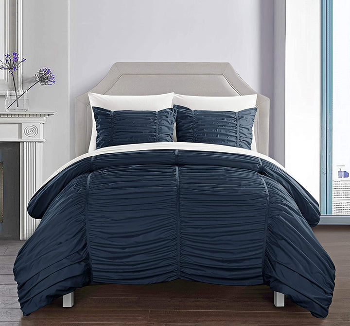 Chic Home Kaiah 2 Piece Comforter Set Contemporary Striped Ruched Ruffled Design Twin/Twin XL Navy