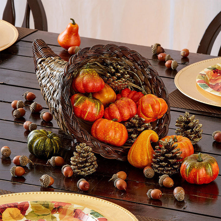 Homvare 13" Long Branch Standard Ratan Wicker Cornucopia Artificial Ornament for Thanksgiving and Fall Decorations