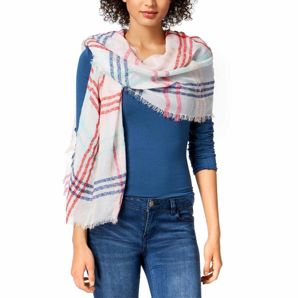 INC International Concepts Women's Colored Up Plaid Wrap White Bright