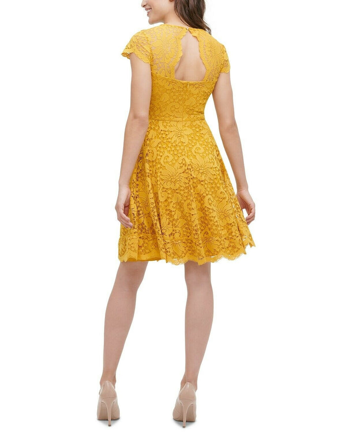 Kensie Women's Floral-Lace Fit & Flare Dress Yellow Size 0"