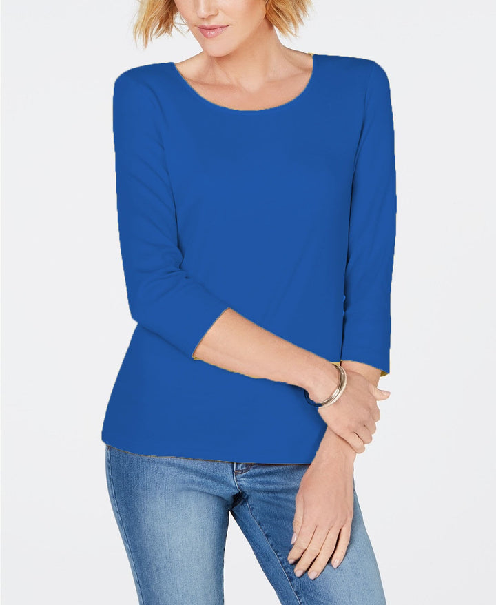 Karen Scott Women's Cotton 3/4-Sleeve Top Blue Size Small