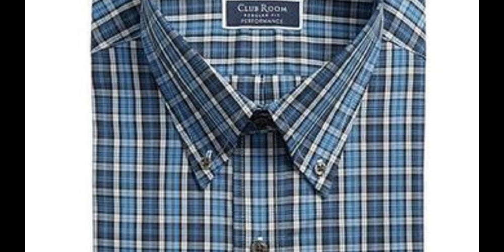 Club Room Men's Stretch Blackwatch Tartan Dress Shirt Navy Size 34X35