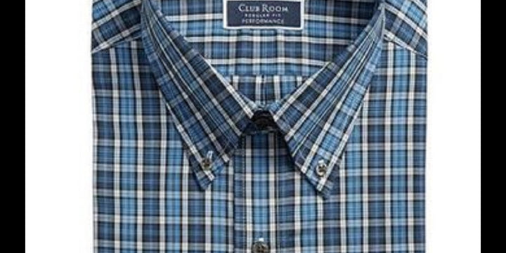 Club Room Men's Stretch Blackwatch Tartan Dress Shirt Navy Size 34X35