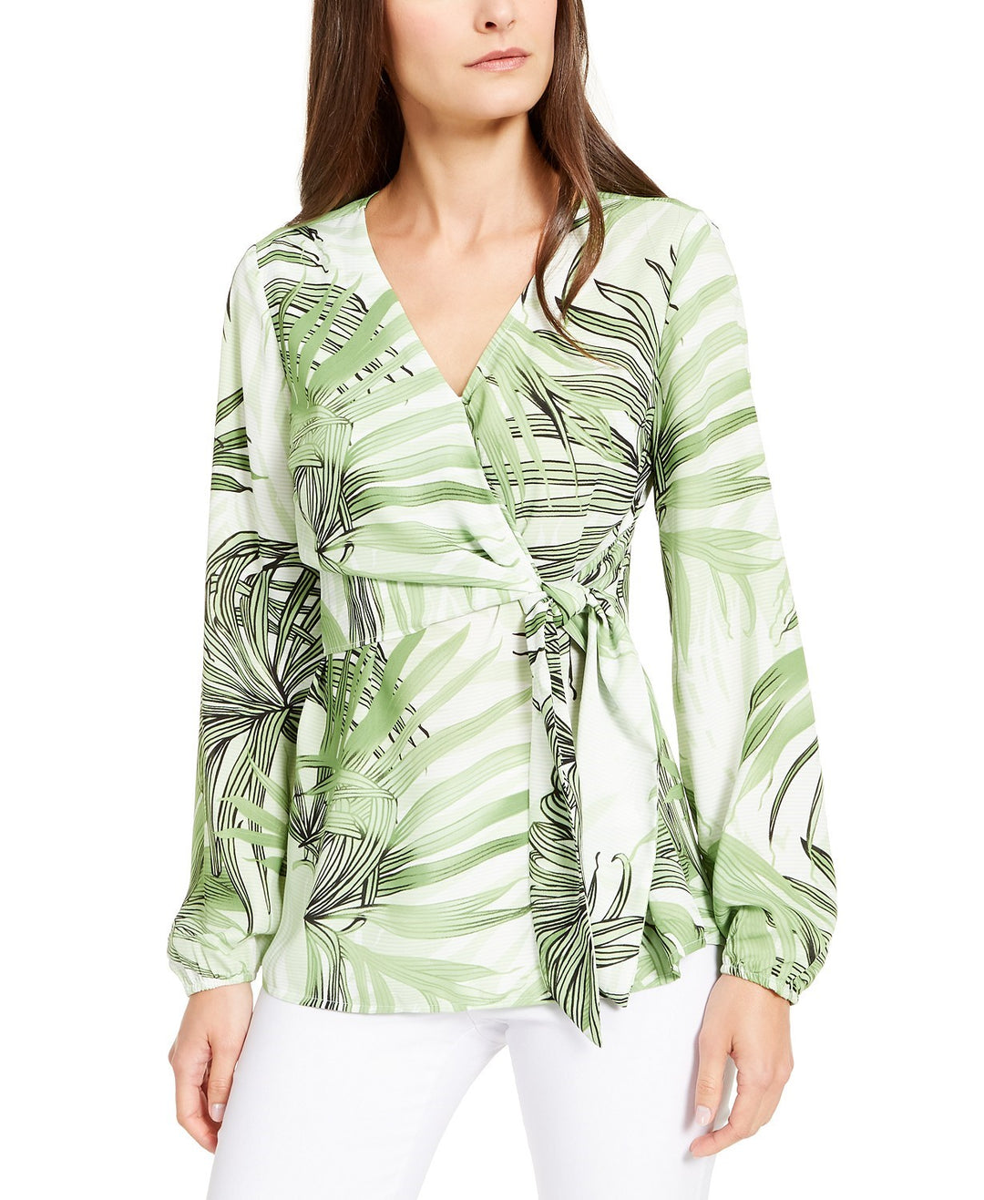 Alfani Women's Petite Printed Bell-Sleeve Top Green Size Small