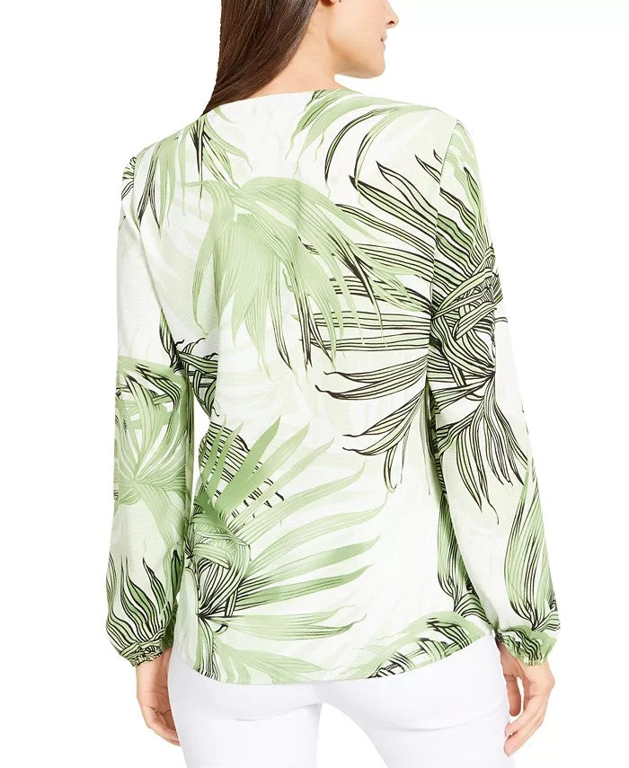 Alfani Women's Petite Printed Bell-Sleeve Top Green Size Small