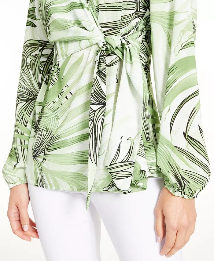 Alfani Women's Petite Printed Bell-Sleeve Top Green Size Small