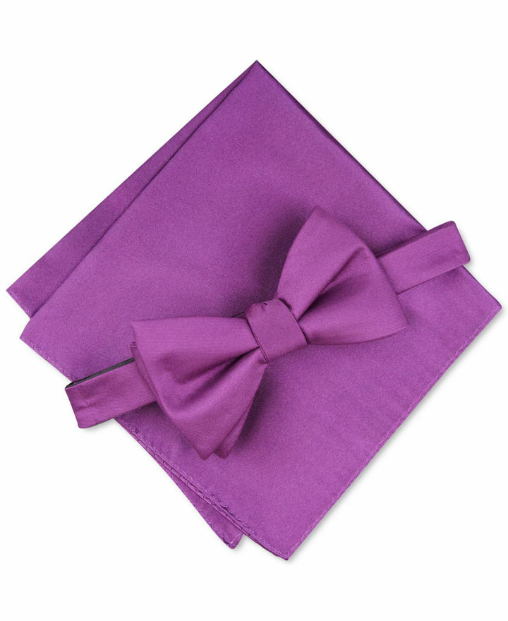 Alfani Men's Solid Textured Pre-Tied Bow Tie & Solid Textured Pocket Square Set Purple Size Regular