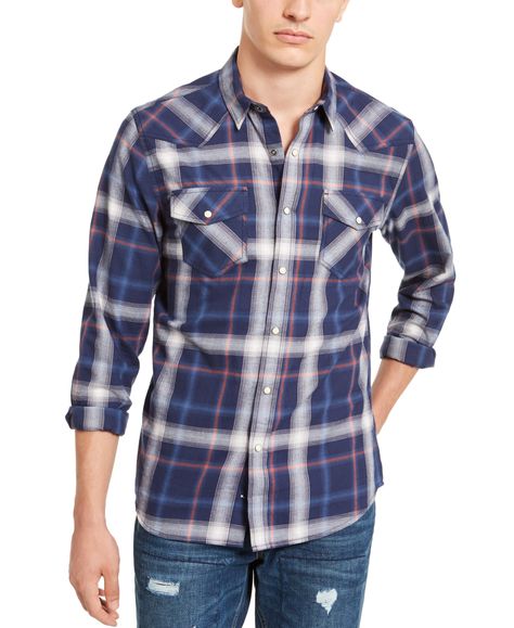 American Rag Men's Plaid Western Shirt Navy