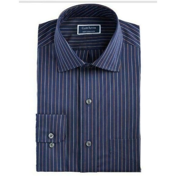 Club Room Men's Regular-Fit Performance Stretch Wrinkle-Resistant Pinstripe Dress Shirt  Navy Size 32-33