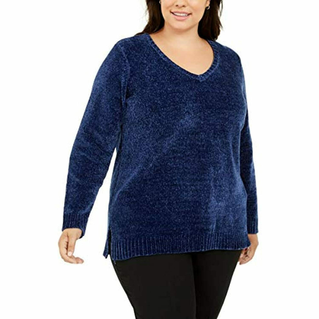 Karen Scott Women's Plus Size V-Neck Chenille Sweater Dark Blue Size 3X