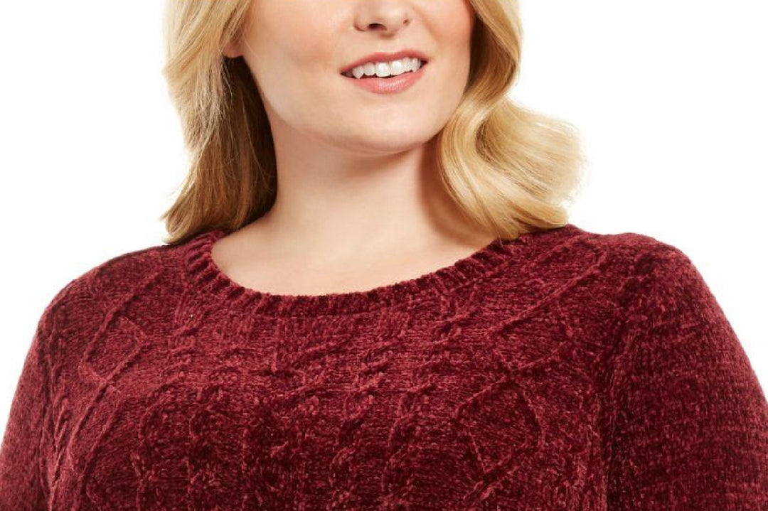 Karen Scott Women's Plus Chenille Cable-Knit Sweater Merlot Size 1X