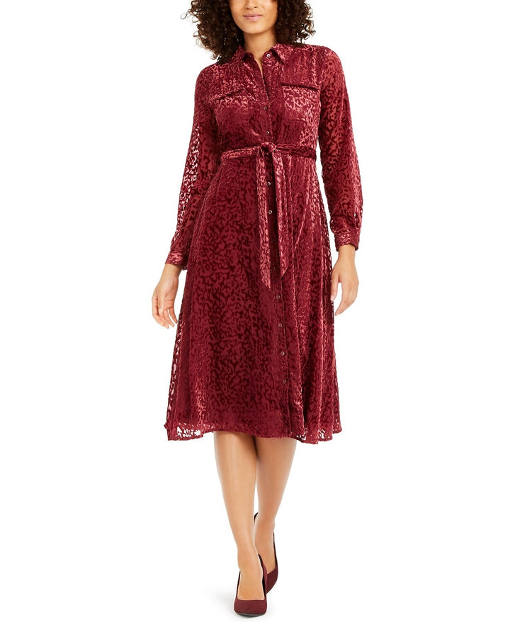 Alfani Women's Velvet Burnout Belted Shirtdress Maroon Size 8